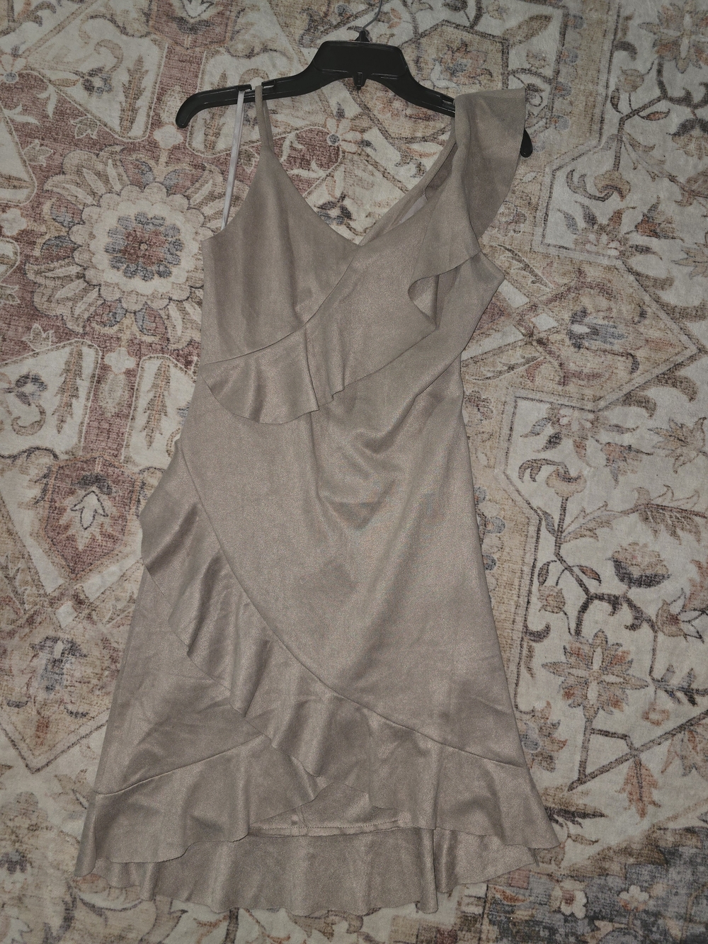She + Sky One-Shoulder Faux Suede Ruffle Dress in Taupe